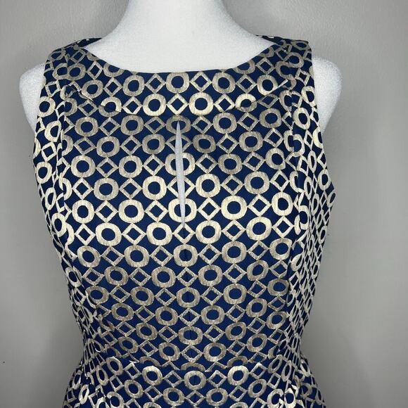 Lauren Ralph Lauren Sz 4 Sleeveless Printed Knee Length Dress Navy Gold Metalic - Picture 2 of 13